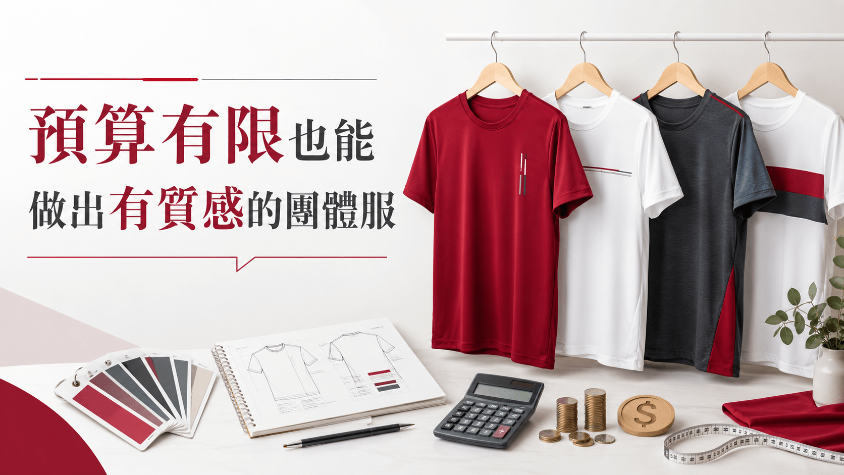 團體服預算規劃桌面,有 T 恤樣衣、計算機、色票與估價表