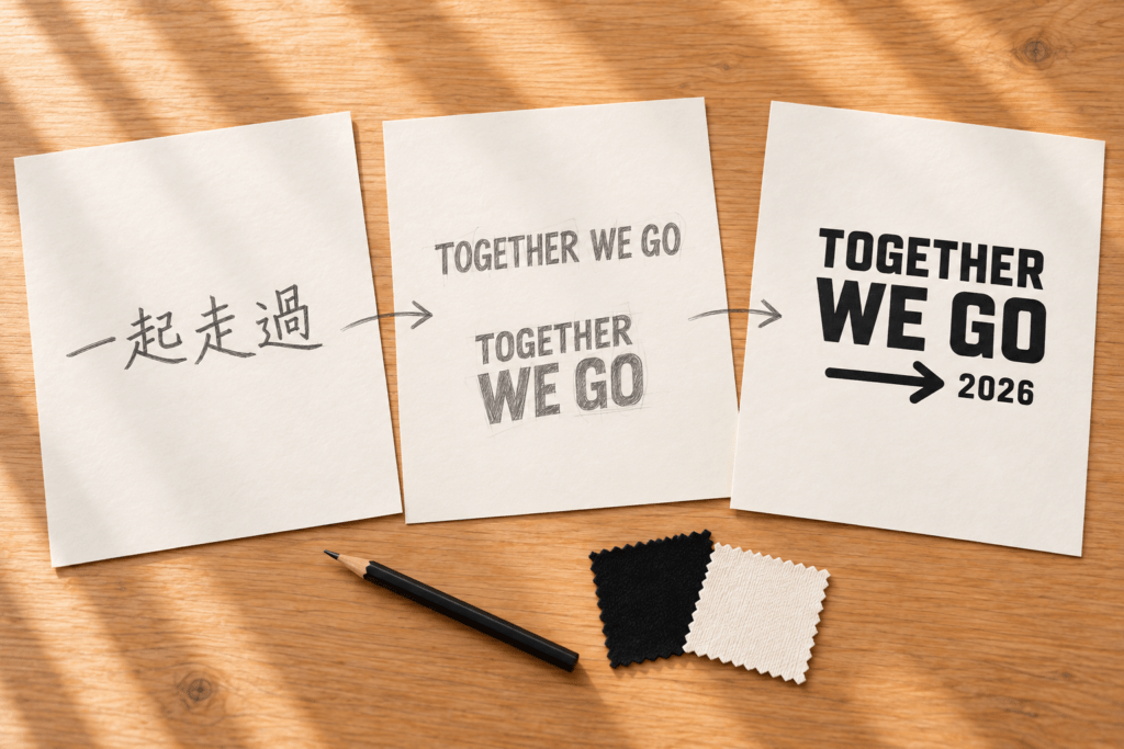 學生團體服設計過程：從「一起走過」中文靈感，到 TOGETHER WE GO 2026 英文排版