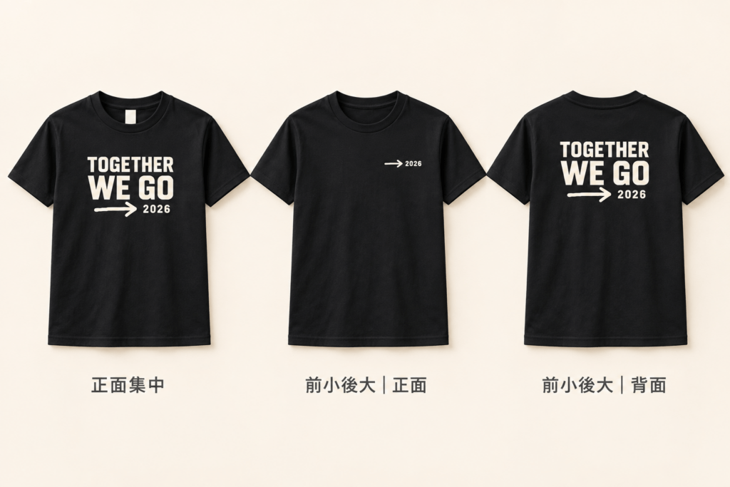 團體服印製位置比較：正面集中圖案，以及胸前小圖搭配背面大圖